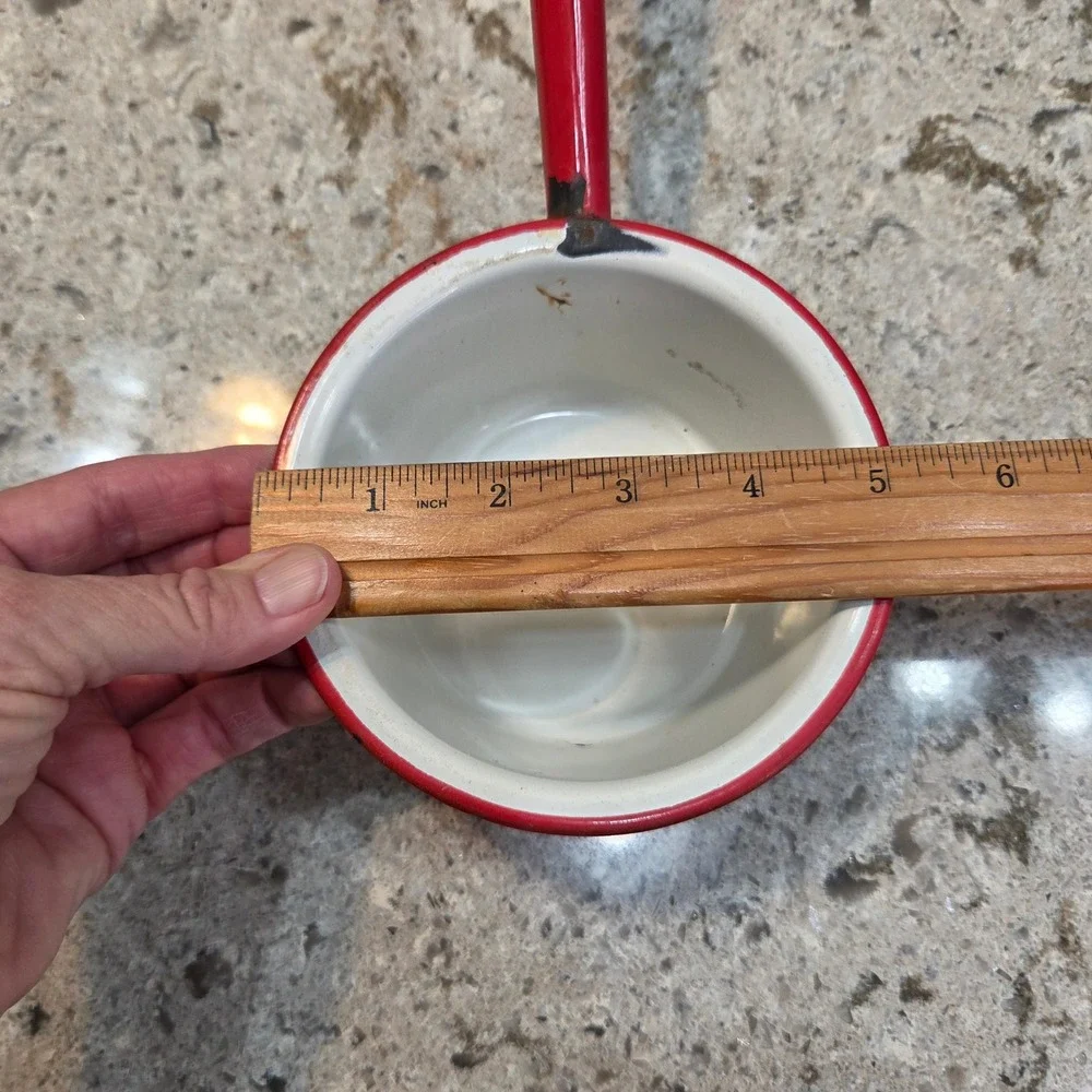 Vintage Enamelware Water Dipper Ladle White Red Rim Farmhouse Primitive 13.5